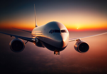 Naklejka na ściany i meble commercial airplane flying at sunset. travel concept. generative ai