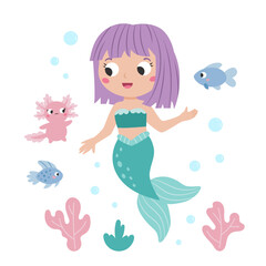 Obraz na płótnie Canvas Little cute mermaid on white background. Funny fishes and axolotl. Mermaid with purple hair. Cartoon children's style. Fairy tale. Flat vector illustration.