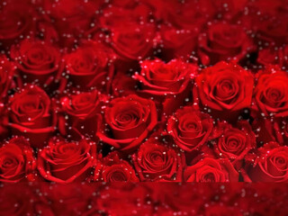 red roses background, generative ai backdrop with bokeh lights, glitters and red flowers