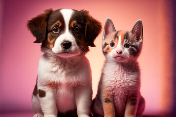 Cute puppy and kitten on a pink background. Animal friendship. Generative AI 
