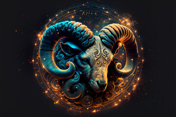 Aries Zodiac Sign, Horoscope Symbol, Magic Astrology Aries in Fantastic Night Sky, Generative AI Illustration - obrazy, fototapety, plakaty