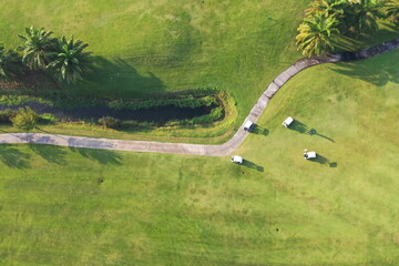 Aerial view Green Golf course in the morning.