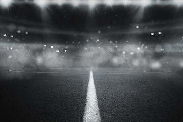  Black background of empty spotlight illuminatet asphalt soccer Stadium Arena, smoke
