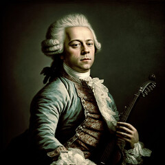 Beautiful  portrait of Wolfgang Amadeus Mozart famous classical composer with violin, like in an old painting. Content made with generative AI not based on real person. - obrazy, fototapety, plakaty