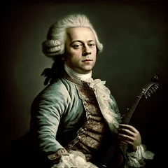 Deurstickers Beautiful  portrait of Wolfgang Amadeus Mozart famous classical composer with violin, like in an old painting. Content made with generative AI not based on real person. © acrogame