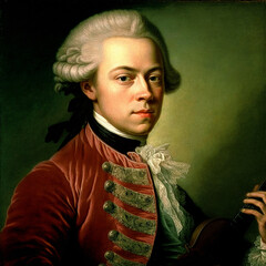 Beautiful  portrait of Wolfgang Amadeus Mozart famous classical composer, like in an old painting. Content made with generative AI not based on real person. - obrazy, fototapety, plakaty