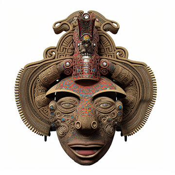 Traditional ancient Aztec Mask. Digital illustration. Generative AI. Isolated on white.