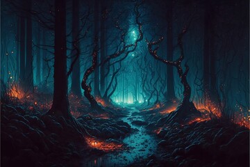 Gloomy fantasy forest scene at night with glowing light, Fantasy forest, Fairy tale. Created using generative AI tools. - obrazy, fototapety, plakaty