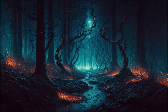 Gloomy fantasy forest scene at night with glowing light, Fantasy forest, Fairy tale. Created using generative AI tools.