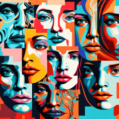 Fototapeta na wymiar Colorful illustration of women faces. Generative AI.