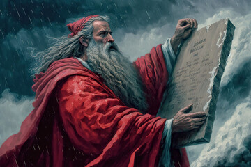 Illustration of Moses with the 10 Commandments Tablet - AI Generative no one recognizable - obrazy, fototapety, plakaty
