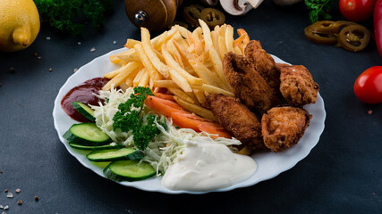 Fried chicken wings with french fries, tomatoes, cabbage, cucumbers, ketchup and mayonnaise.