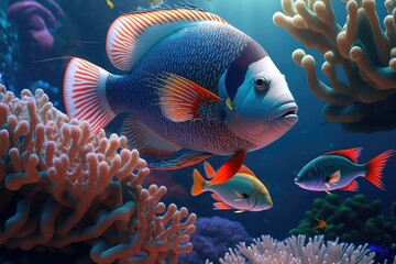 Underwater world. Coral reef and tropical fish sea background. Generative AI Illustration