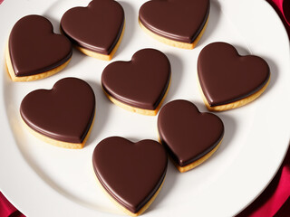 Fototapeta premium A few heart-shaped chocolate cookies with white frosting. A Valentine’s Day special dish. Generative AI.