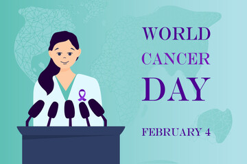 World Cancer Day poster or banner template with purple ribbon symbol and doctor in medical gown, doctor speech, presentation, talk about cancer