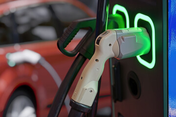 Charging the battery of electric vehicle. EV fuel Plug in hybrid car.