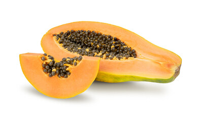 Papaya fruit cut in half isolated on white background.