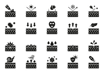 Dermatology and Cosmetology Care Silhouette Icon Set. Skin Care Icon. Cosmetic Skincare Treatment, Acne Medical Problem Glyph Pictogram. Isolated Vector Illustration