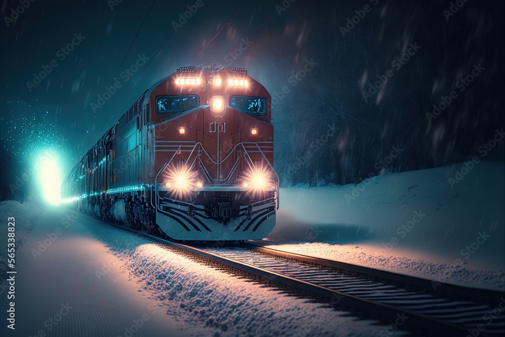 Poster showing a train moving through the snow with its headlights shining brightly to guide the way genera