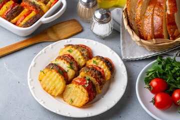 Traditional Turkish food; baked potatoes and meatballs. Turkish name; kofteli patates dizmesi, patates dizme