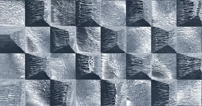 Moving rock surface structure. Chessboard tile pattern. Liquid stone melts away. Matt mountain fusion. Abstract 3D rendering background. 4K motion graphic animation.