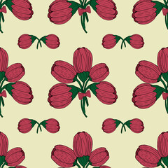 Bouquet of red tulips on a yellow background. Seamless pattern