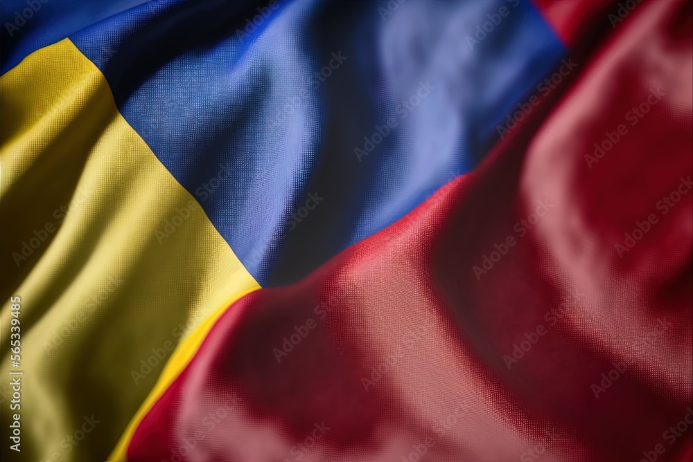 Poster image of the waving moldovan flag, focusing on the texture of the flag's fabric generative ai