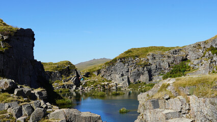 Fototapeta na wymiar blue mountain lake between rocks and hills