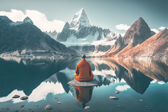 Ein meditierender Mönch vor einer wunderschönen Landschaftskulisse Ruhe Calm Innere Ruhe Seelenfrieden Zufriedenheit Generative AI Digital Art Background Hintergrund  Illustration Cover 