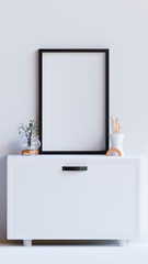 Empty Photo Black Frame Design Mockup On A White Cupboard With 3D Minimalist Decors