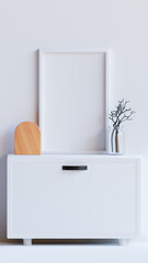 Empty Photo White Frame Design Mockup On A White Cupboard With 3D Minimalist Decors