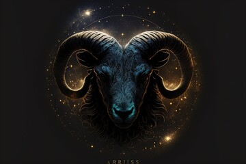 aries horoscope sign on shiny stars galaxy background. Gorgeos black ram with horns on black background