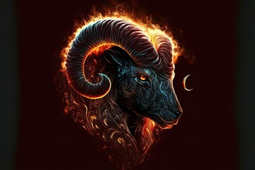aries horoscope sign with abstract flames. Gorgeos ram with horns on black background. - obrazy, fototapety, plakaty