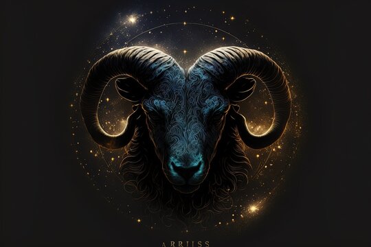 aries horoscope sign on shiny stars galaxy background. Gorgeos black ram with horns on black background