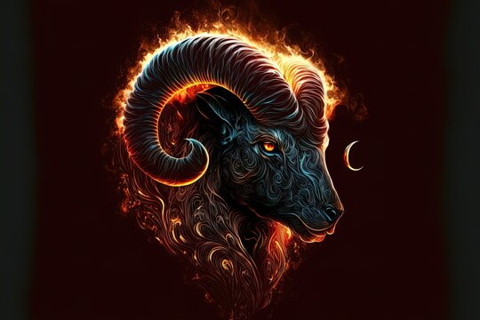 aries horoscope sign with abstract flames. Gorgeos ram with horns on black background.