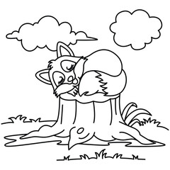 Sleeping fox cartoon vector coloring page