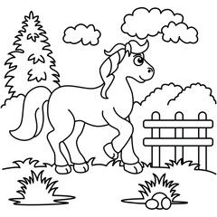 Funny horse in the garden coloring page