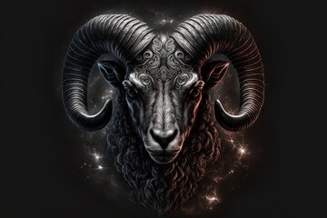 aries horoscope sign on shiny stars galaxy background. Gorgeos black ram with horns on black background