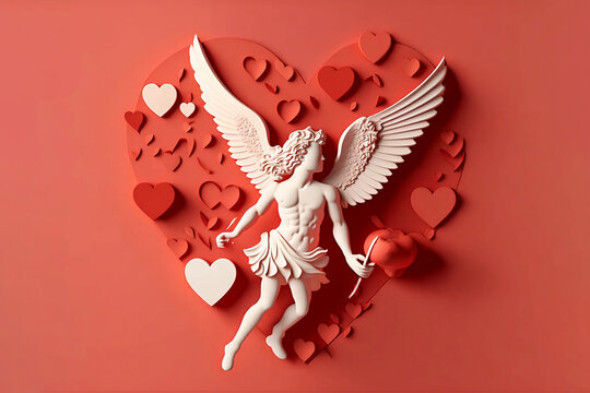 Valentine's day background cupido heart on pink background, flat lay, Paper cut, card, elegant