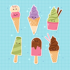 Hand drawn cute ice cream sticker set illustration vector design