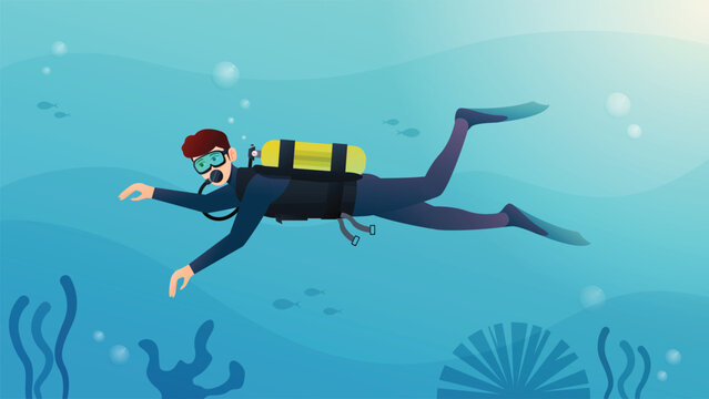 Youngman Scuba Diving and Snorkling in The Blue Ocean Illustration
