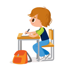 A primary school student sits at a desk and writes the lesson in notepad or copybook. Elementary school student study in the classroom sitting at the desk. Kid getting knowledge, doing homework home