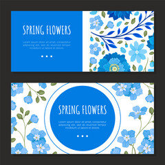 Blue Flowers Banner Design with Blooming Flora and Twigs Vector Template
