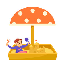 Playful Little Boy in Sandpit on Playground Enjoying Summer Vector Illustration