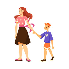 Mother and Little Son Holding Hands Walking on Playground Vector Illustration