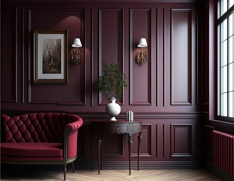 antique magenta room with wooden table , ai generated