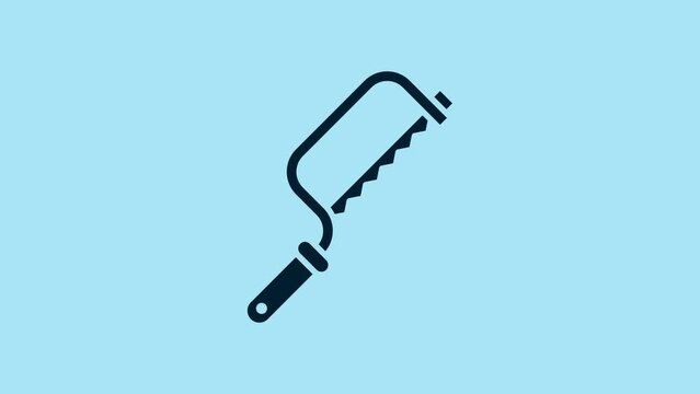 Blue Hacksaw icon isolated on blue background. Metal saw for wood and metal. 4K Video motion graphic animation