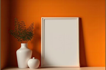white mock up frame on a orange wall, ai generated, minimal interior