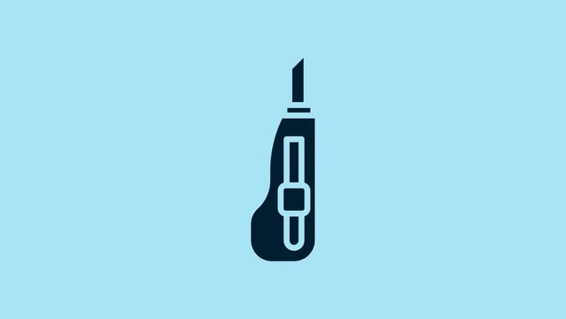Blue Stationery knife icon isolated on blue background. Office paper cutter. 4K Video motion graphic animation