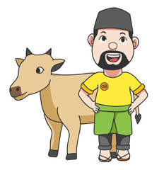 child with a cow. cartoon illustration for eid al adha and sacrificial animal